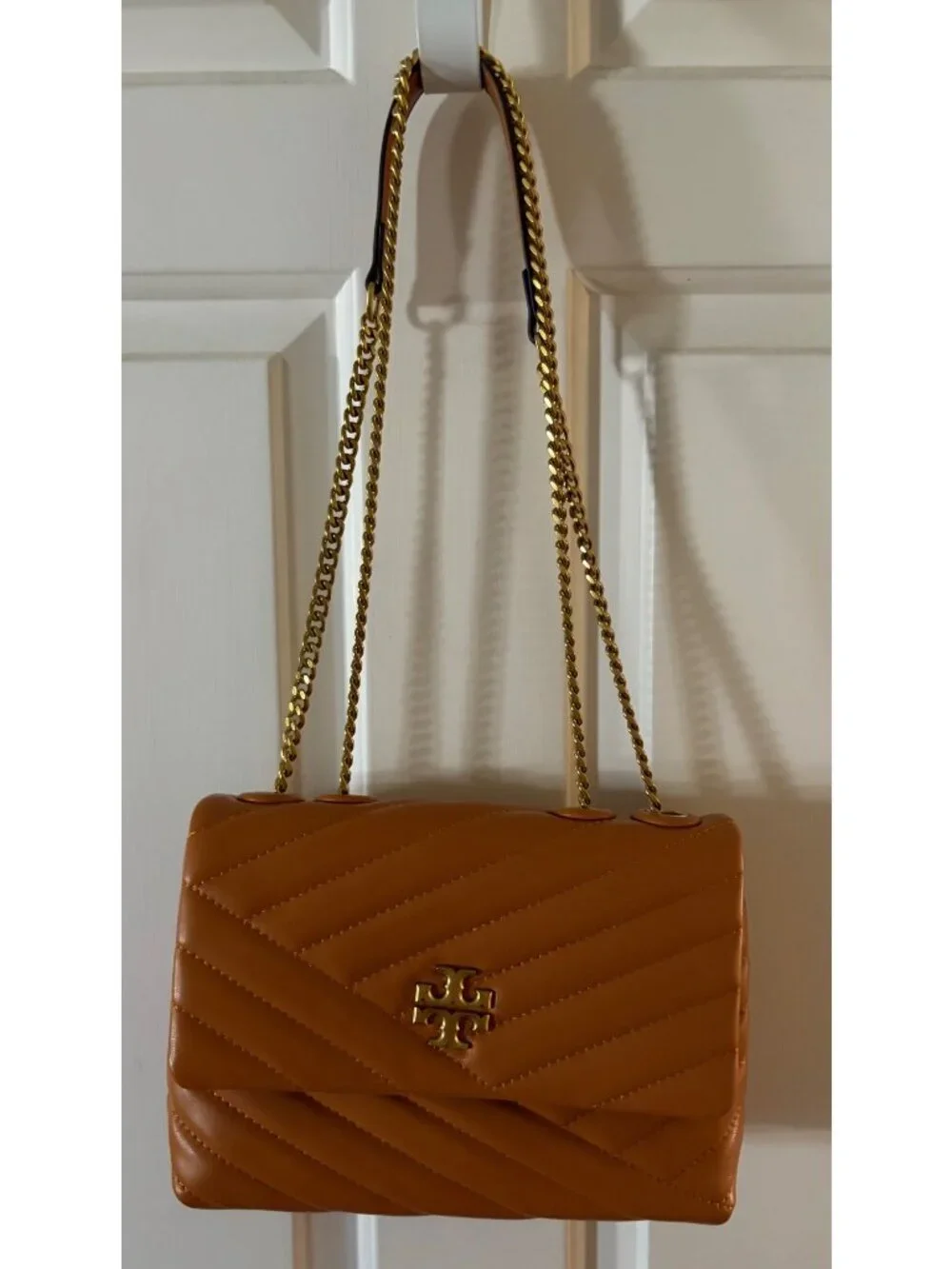 NWT Tory Burch Kira Chevron Leather Convertible Shoulder Bag Squash Orange